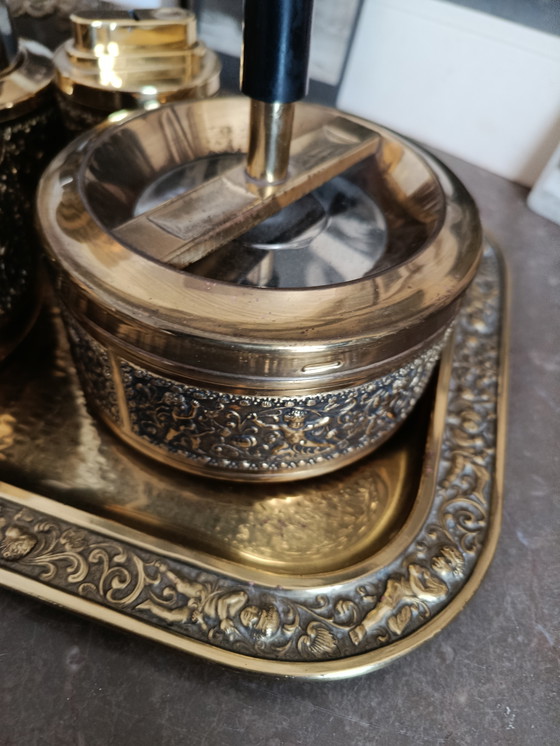 Image 1 of Raucherset Komplett 6Teile!!! Messing Gold Putten Engel Vintage RARITÄT elErhard und Söhne Made in Germany 50er Mid Century