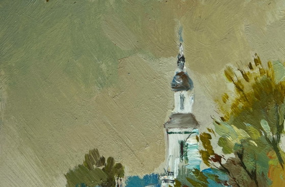 Image 1 of Original Oil Painting Evening Church Landscape At the village church