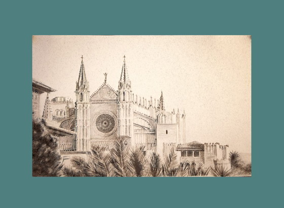 Image 1 of Charcoal drawing of the Cathedral of Mallorca. Mallorca drawing. Painting of Mallorca. Mallorca cityscape. Mallorca. New.