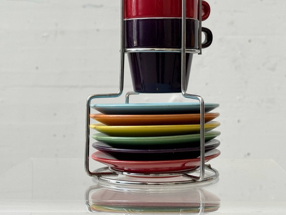 Image 1 of Vintage espressoset in een metalen standaard van pt, Nederland, jaren 1990.