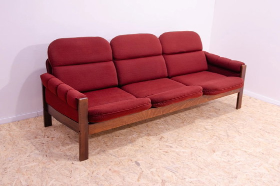 Vintage Scandinavian Style Three-Seater Lounge Sofa, Mid-Century Modern Seating, 1970s, Textile, Wood, Brown (photo 3 of 8)