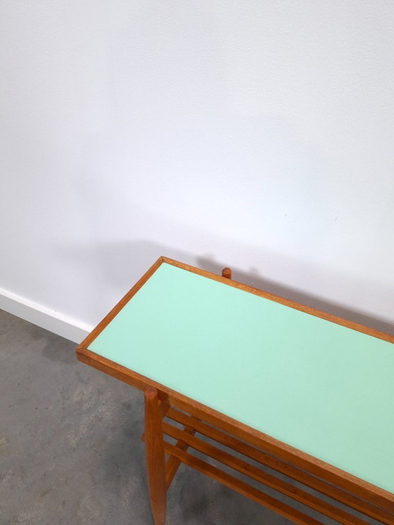 Table d'appoint vintage en bois avec plateau en Formica vert menthe – Tables d'appoint, Wood, Plastic (photo 13 of 13)