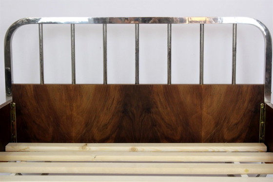 Lits 1 personne Bauhaus restaurés, Tchécoslovaquie, années 1930, Lot de 2, Bois, Chrome, Marron, Art Deco (photo 4 sur 15)