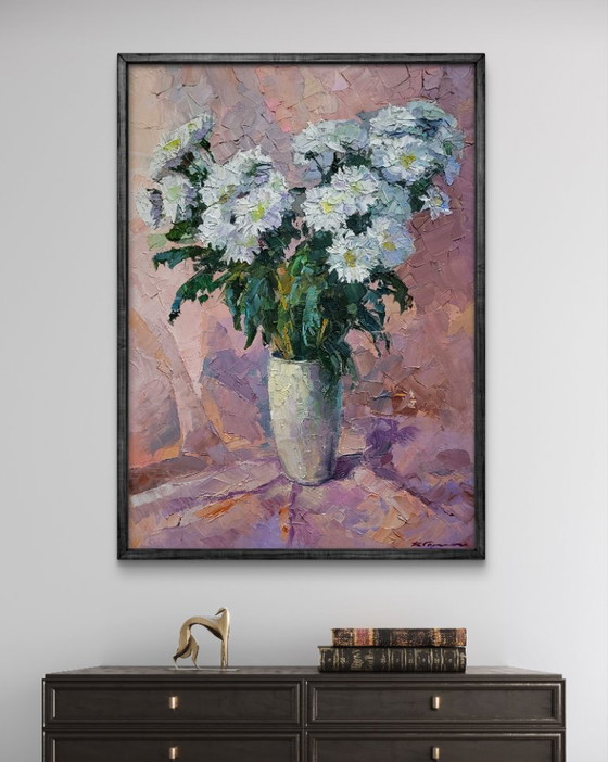 Original Oil Painting Still Life Bouquet of Flowers Chrysanthemum on Pink – Paintings & Drawings, Canvas (photo 3 of 7)