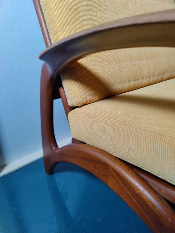 Vintage 50s/60s De Ster Gelderland Armchair, Wood, Textile, Brown, Mid Century Modern (photo 8 of 13)
