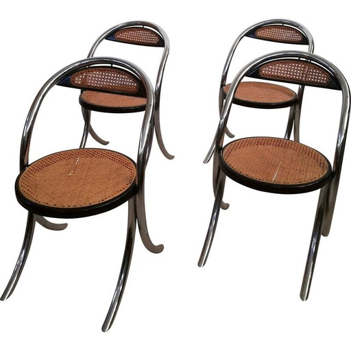 Set of 4 vintage dining chairs in chromed steel & Vienna straw, Italy 1970s