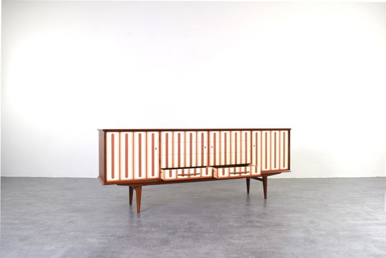 Image 1 of Mid Century Op-Art Handbemaltes Teakholz Sideboard, 1960er Jahre