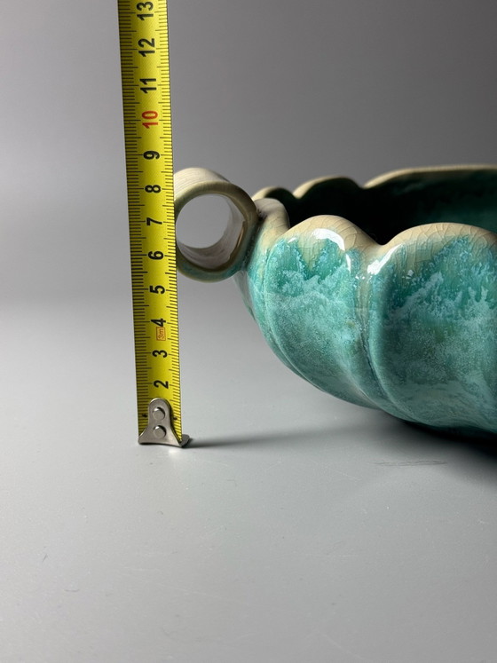 Faïenceries de Thulin, Art Deco Turquoise Ceramic Centrepiece with Drip Glaze, Belgium, circa 1930s (photo 11 of 13)