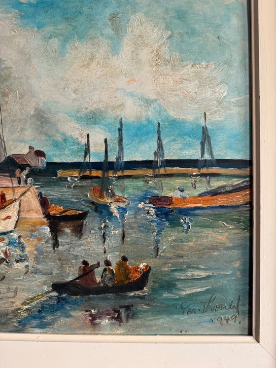Image 1 of Impressionistische Hafenansicht, 1949, Öl auf Holz.