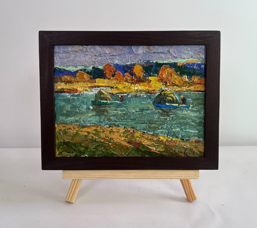 Original Oil Painting Autumn River Landscape Above the evening silence by the river