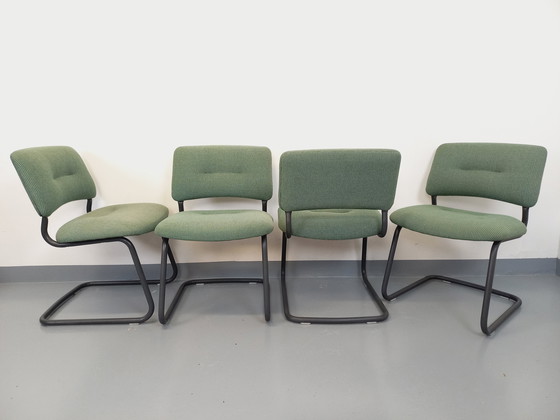 Image 1 of Suite of 4 Vintage Steelcase Style Marcel Breuer Cesca B32 Chairs in Dark Grey Metal and Green Fabric