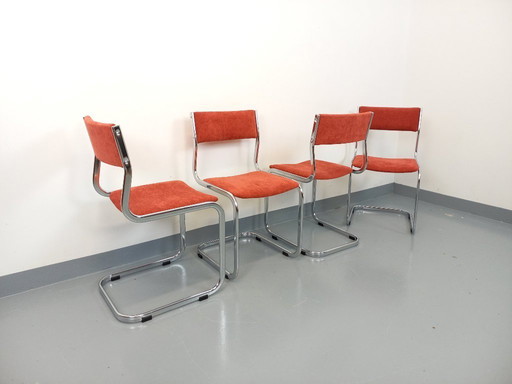 Suite de 4 chaises luge vintage en métal chromé et tissu des années 70 