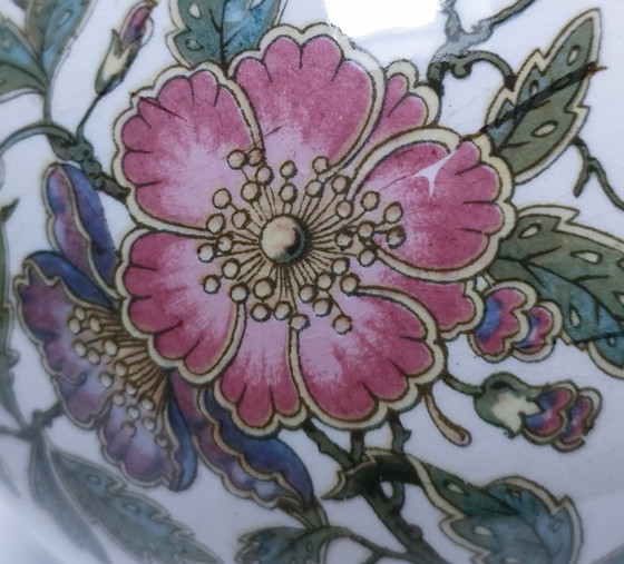 Image 1 of Earthenware and brass ball vase with flowers and insects, early 20th century