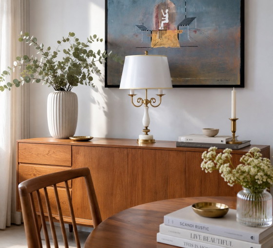 Image 1 of Vintage Brass Table Lamp with White Shade – Hollywood Regency Style