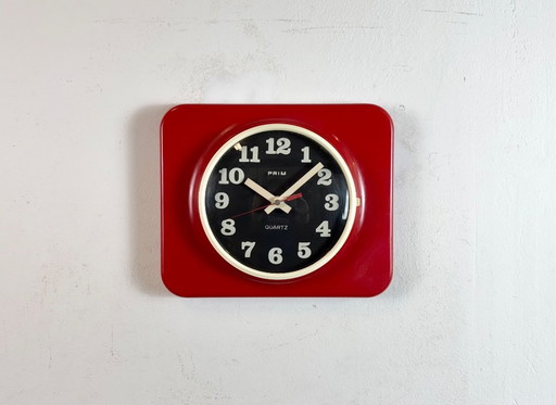 Vintage Red Plastic Wall Clock from Prim, 1970s