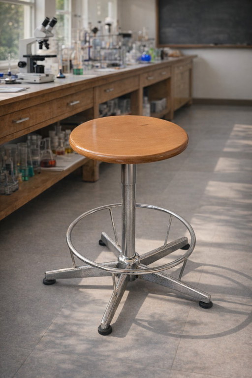 Industrial Technical Stool in Wood and Metal (Adjustable)