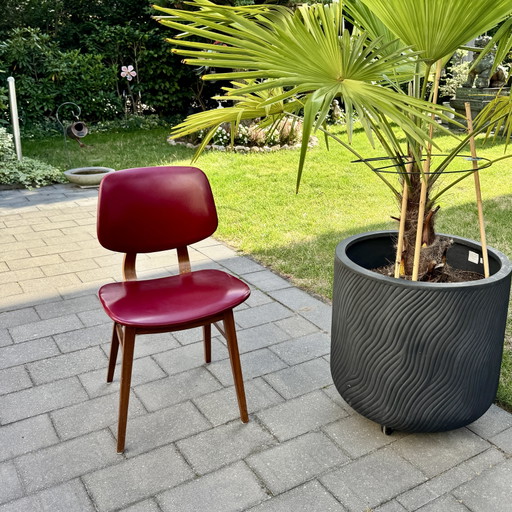 4 chaises vintage élégantes style milieu du siècle avec revêtement en similicuir bordeaux – eetkamerstoelen, Wood, Skai
