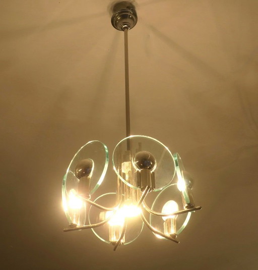 Lámpara de araña plateada con 6 discos de cristal, Italia, década de 1960.