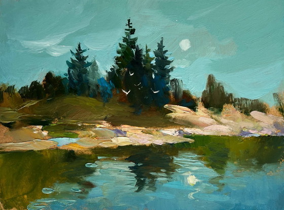 Image 1 of Original Oil Painting Coastal Forest Landscape Forest in the reflection of the river