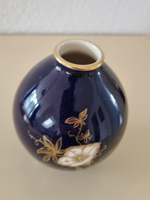 Limburg porcelain vase – cobalt blue with gold flower – vintage, made in Germany