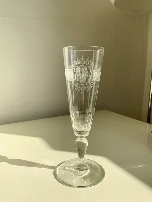 Bicchiere da vino/champagne in cristallo antico inciso a mano - Monogrammato - Circa 1900