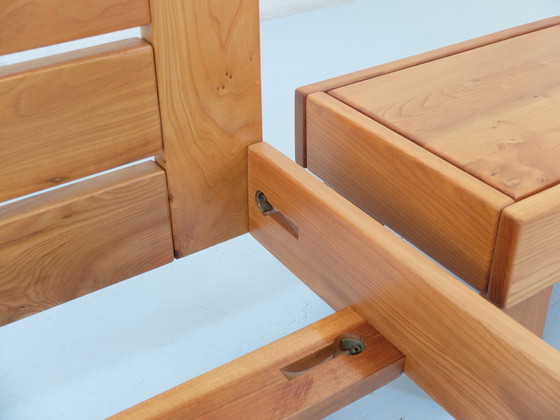 Image 1 of Bed frame and bedside tables, set of 3, solid elm wood, Regain France certified edition, year 1980