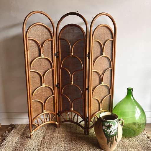 Biombo vintage de ratán y bambú