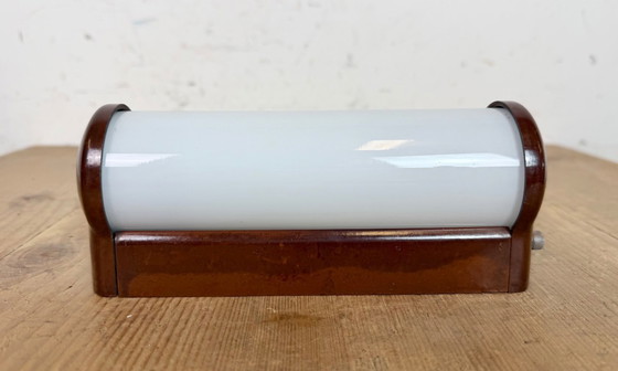 Image 1 of Applique industriale in bachelite marrone con vetro opalino, anni '50