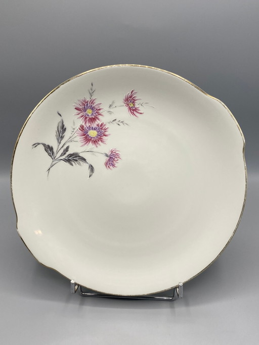 Piatto fondo in porcellana, crisantemi malva e fogliame grigio, bordo dorato, Euro Porcelaine – decoratieve objecten, Gold