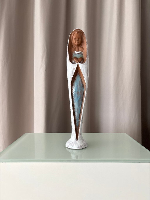 Vintage 1960er Jungfrau Maria & Kind Keramik-Bildhauerei – Mid-Century Modern Religiöse Kunst