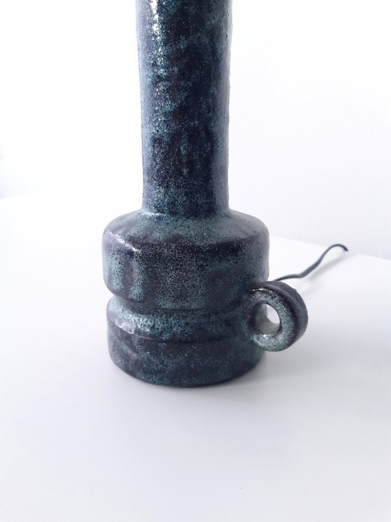 Image 1 of Blue turquoise ceramic lamp base with shades of black, vintage earthenware mcm lamp base