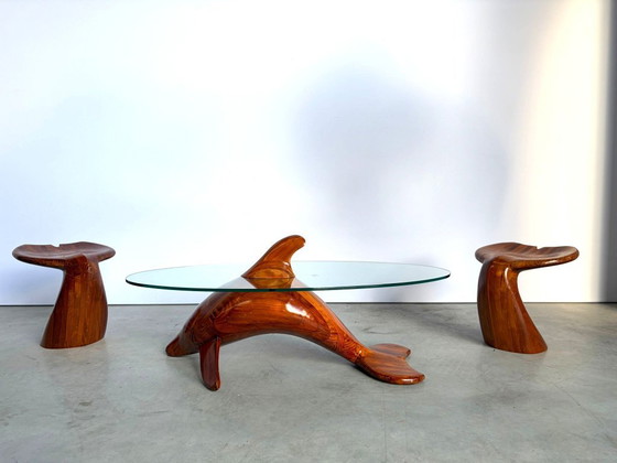 Polyte Solet Dolphin Coffee Table And Stools, 1990s – Glass, Wood (photo 4 of 16)