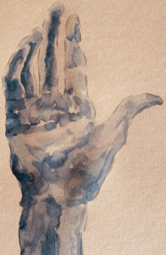 Image 1 of Monochrome blue watercolor of Auguste Rodin's statue "The Hand Reveals Man"