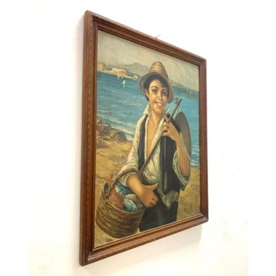 Image 1 of Ölgemälde, G. De Curtis, signierte Leinwand, Junger italienischer Fischer, Ende des 20. Jahrhunderts