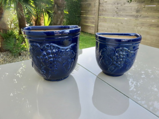 Image 1 of Wall-mounted flower pot, grape motif, in blue glazed ceramic, 1970s