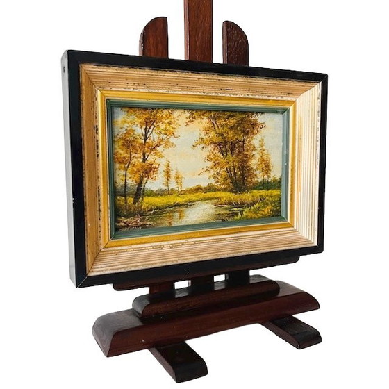 Image 1 of Vintage forest landscape oil painting on stand signed 1960s