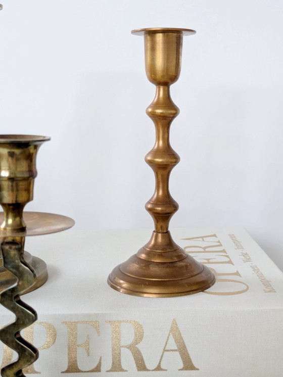 Image 1 of Set of 6 Vintage Brass Candleholders: Mixed-Height and Designs, Holiday Table
