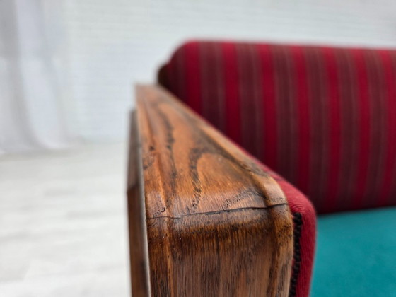 Image 1 of 1950s, Danish 2 seater drop arm sofa, original striped red furniture wool, oak wood.