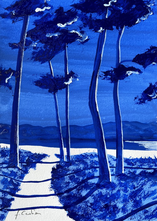 Set of 3 ultramarine blue sketches, 21x15cm