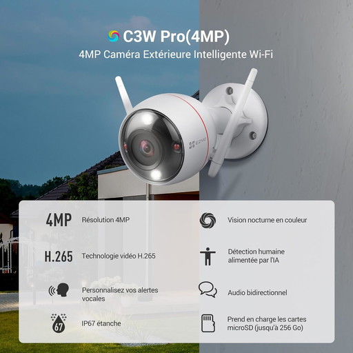 EZVIZ C3W Pro 4MP Caméra Surveillance WiFi Extérieur avec 30m Vision Nocturne en Couleur, Alarme Sirène, Détection de Forme Huma