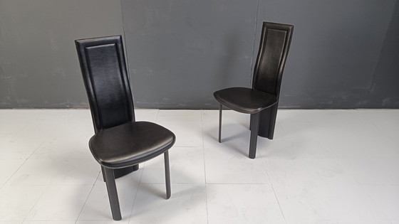 Image 1 of Schwarze Leder-Esszimmerstühle mit hoher Rückenlehne, Satz von 6, 1980er Jahre