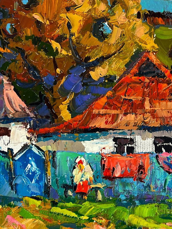 Image 1 of Peinture à l'huile originale : paysage rural, vie à la campagne, réunions dans la cour