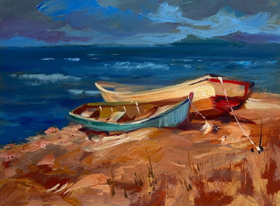 Image 1 of Original Oil Painting Evening Sea Landscape Calm evening sea