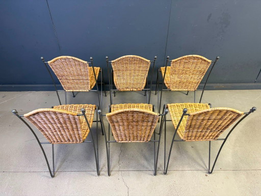 Sillas de mimbre de Frederick Weinberg, década de 1960, juego de 6 – eetkamerstoelen, Metal, Wicker