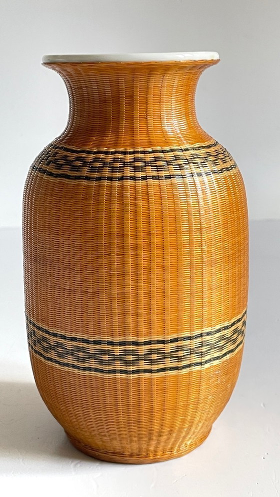 Image 1 of Vintage Woven Bamboo and Fine Porcelain Vase