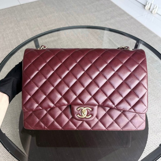 Image 1 of Chanel Classic Flap Maxi - Caviar Double Flap Quilted Burgundy Gold Hardware Series 21
