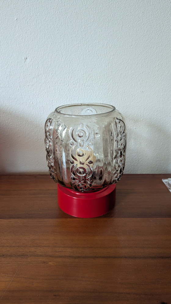 Image 1 of Art Deco Smoked Glass Red Base Table Lamp Mid-Century