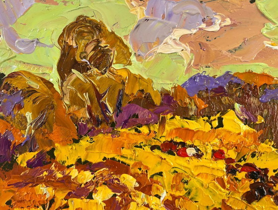 Image 1 of Original Oil Painting Evening Field Landscape Autumn is floating over the horizon