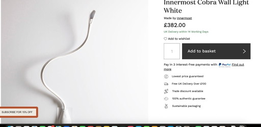 Applique murale Innermost Cobra 3.0 en cuir blanc 90 cm, neuve dans sa boîte. Lampe de lecture design.