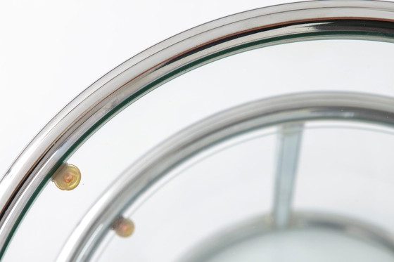 Image 1 of Vintage Chrome & Glass Side Table, Germany 1970s, Mid Century Modern Round End Table, Bauhaus Style Metal Coffee Table, Space Ag